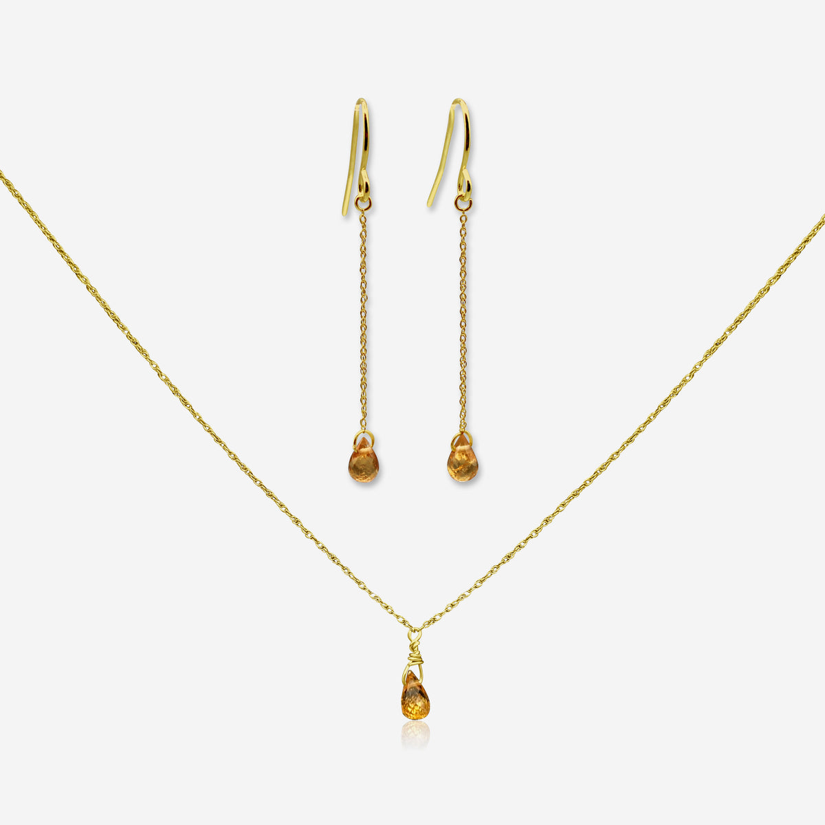Spessartite garnet drop earrings and necklace set in 14K yellow gold – Made by Petit Jewelry