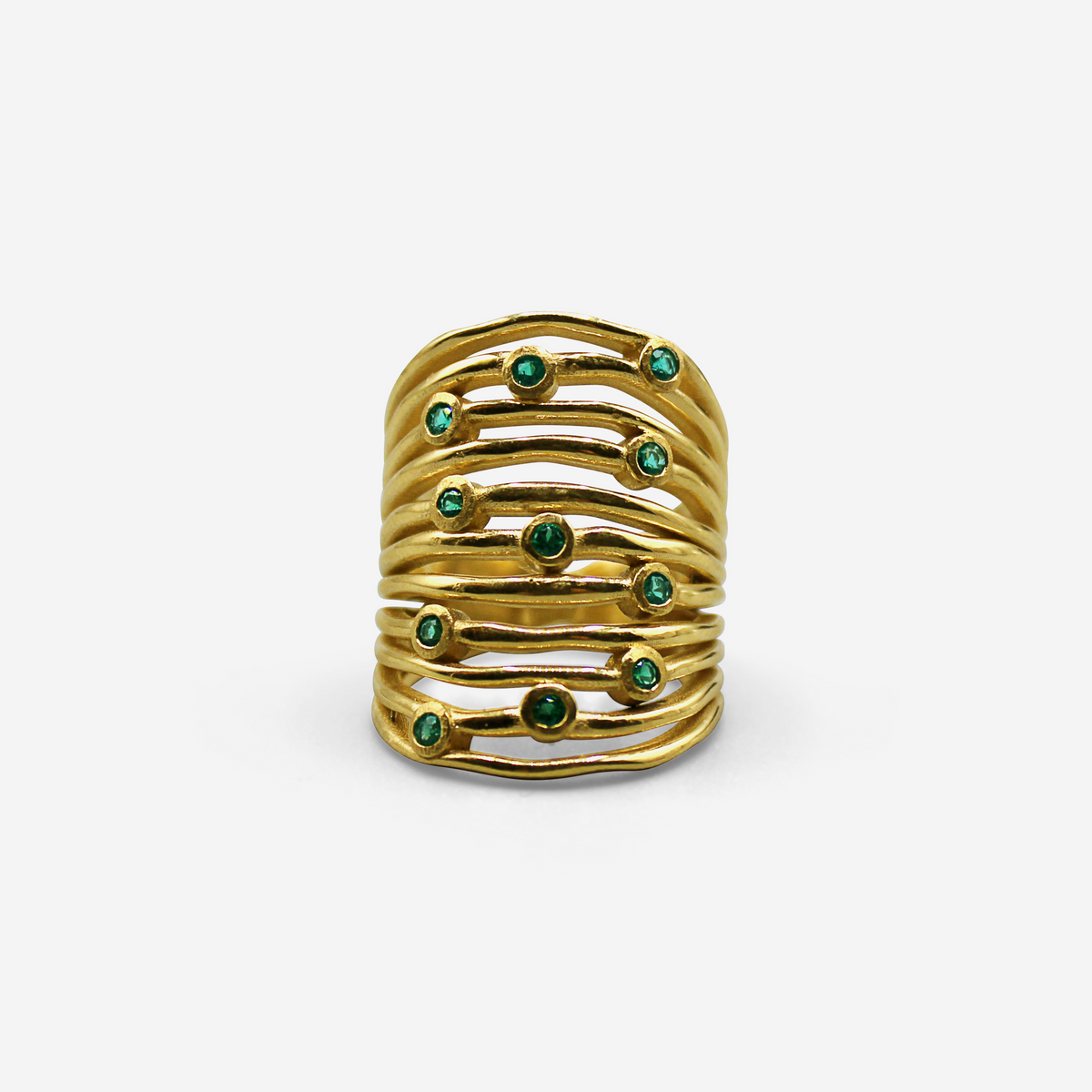 Statement gold stacking ring with green stones in 18K yellow gold – Made by Petit Jewelry