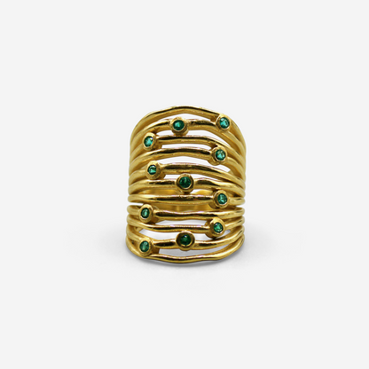 Statement gold stacking ring with green stones in 18K yellow gold – Made by Petit Jewelry