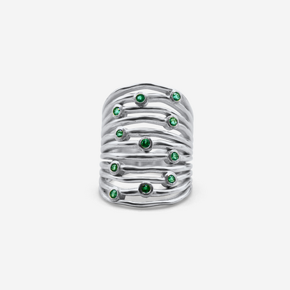 Statement gold stacking ring with green stones in 18K white gold – Made by Petit Jewelry