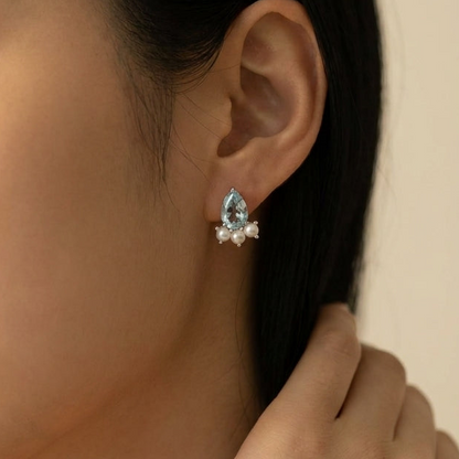 Aquamarine & Akoya Pearl Cluster Earrings | Solid 14K Gold